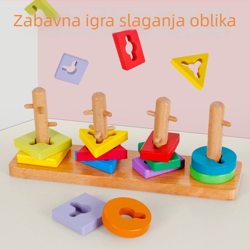 Drveni set blokova s četiri stupa – otključavanje oblika za rani razvoj, Bobby, djeca 4–6 godina