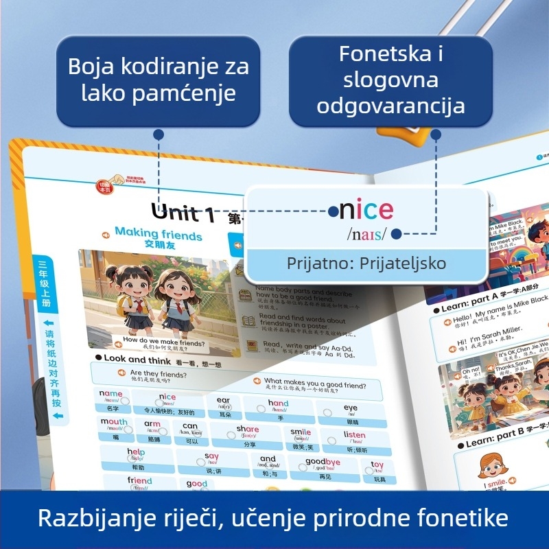 Čitačko pero sa sinkroniziranim školskim zvukom za treći razred – slušanje, dijalog, čitanje; memorija <2GB; litijska baterija; za uzrast 7–14 godina