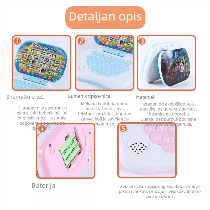 Dječji sklopivi uređaj za čitanje na dodir i pričanje priča uz glazbu, ABS kućište, do 1 GB memorije, napajanje običnim baterijama, za uzrast 4-6 godina.