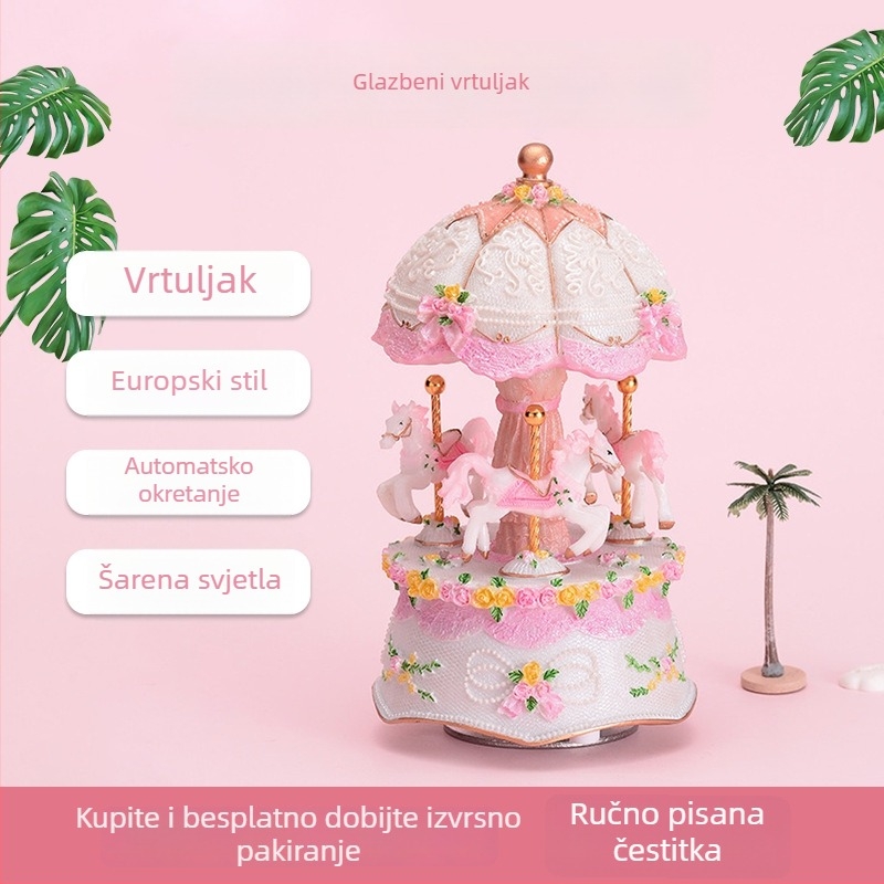 Karuselna glazbena kutija – mali dekorativni ukras, poklon za djecu za rođendan ili Valentinovo