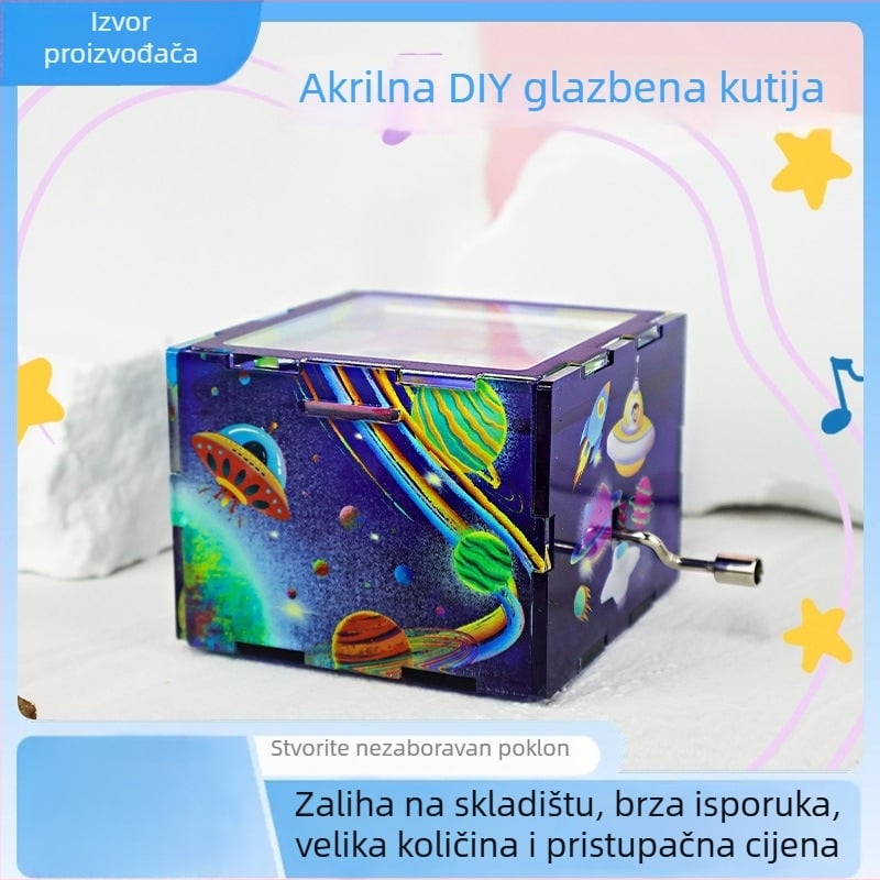 Ručna okretna glazbena kutija, akrilna, prilagodljivi DIY, karikaturalnog stila, ispis logotipa dostupan