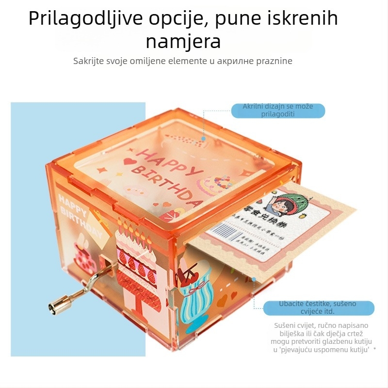 Ručna okretna glazbena kutija, akrilna, prilagodljivi DIY, karikaturalnog stila, ispis logotipa dostupan