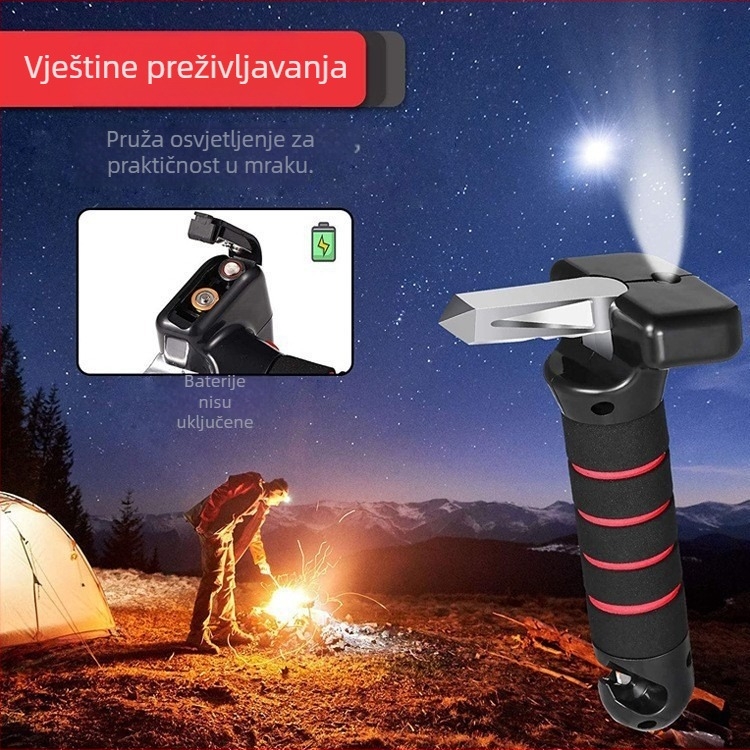 Kemao naslon za vrata automobila s višefunkcionalnim sigurnosnim čekićem – tri u jednom; aluminijsko‑legura + ABS + navlaka od pjene; težina 150 g; pakiranje 60 kom.; mogućnost prilagodbe