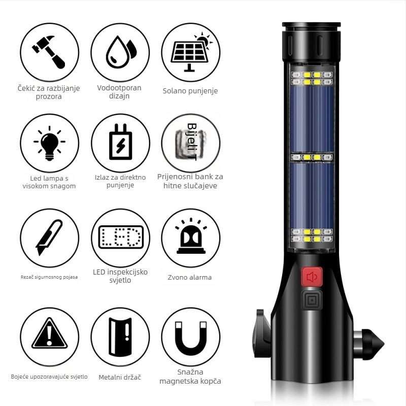 Automobilski višenamjenski solarni LED svjetiljka s čekićem za spašavanje, probijanje stakla, alarm – OUDEW • aluminijska zlitina • Zhejiang • 250 g