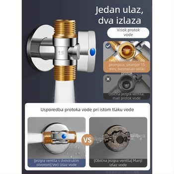 Medenasti troputni kutni ventil velikog protoka za toplu i hladnu vodu, kuglični jezgr mehanizam, ulaz 1, izlaz 2