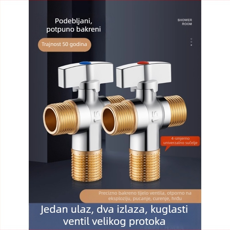 Medenasti troputni kutni ventil velikog protoka za toplu i hladnu vodu, kuglični jezgr mehanizam, ulaz 1, izlaz 2