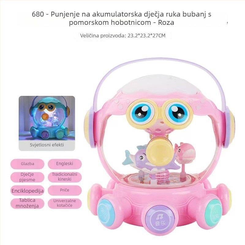 Interaktivna hobotnica – puzzle s bubnjem, svjetlima i glazbom – plastika, za djecu 4–6 godina – potiče emocionalni i kognitivni razvoj, finu motoriku i sluh; pakiranje u šarenu kutiju