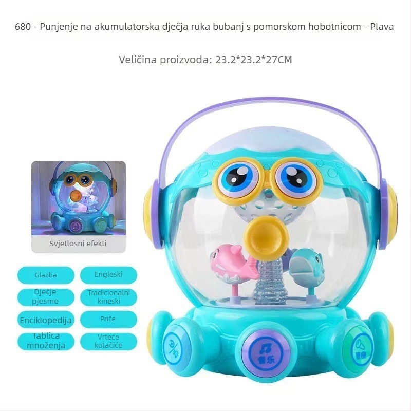 Interaktivna hobotnica – puzzle s bubnjem, svjetlima i glazbom – plastika, za djecu 4–6 godina – potiče emocionalni i kognitivni razvoj, finu motoriku i sluh; pakiranje u šarenu kutiju