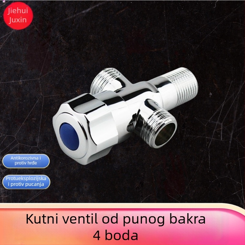 Bakreni troputni kutni ventil s jednim ulazom i dva izlaza, za kuhinju, kupaonicu i bojler, zatvarač toplog i hladnog vode