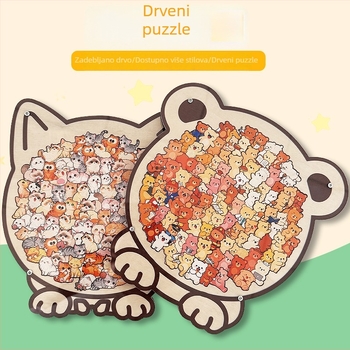 Drveni 3D puzzle s oblikom mačke i okvir – početna razina, oko 30 minuta