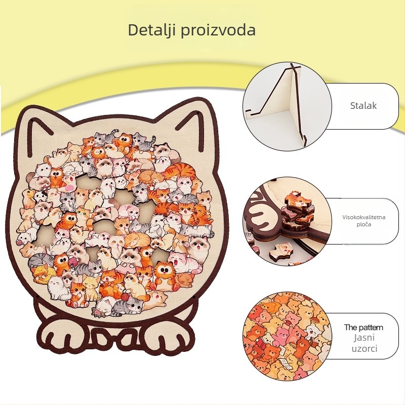 Drveni 3D puzzle s oblikom mačke i okvir – početna razina, oko 30 minuta