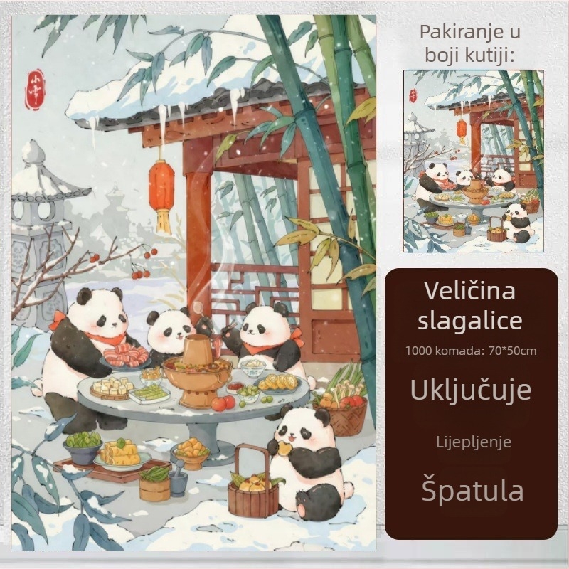 1000-dijelni puzzle s panda iz crtića u ljetnom jezeru s lotosom, ravni puzzle, 14+