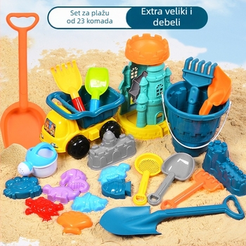Set igračaka za plažu za djecu: plastični alati za pijesak, uključujući lopaticu i kantu; igranje pijeskom; pakiranje mrežastom vrećom; prikladno za uzrast 4–6 godina.