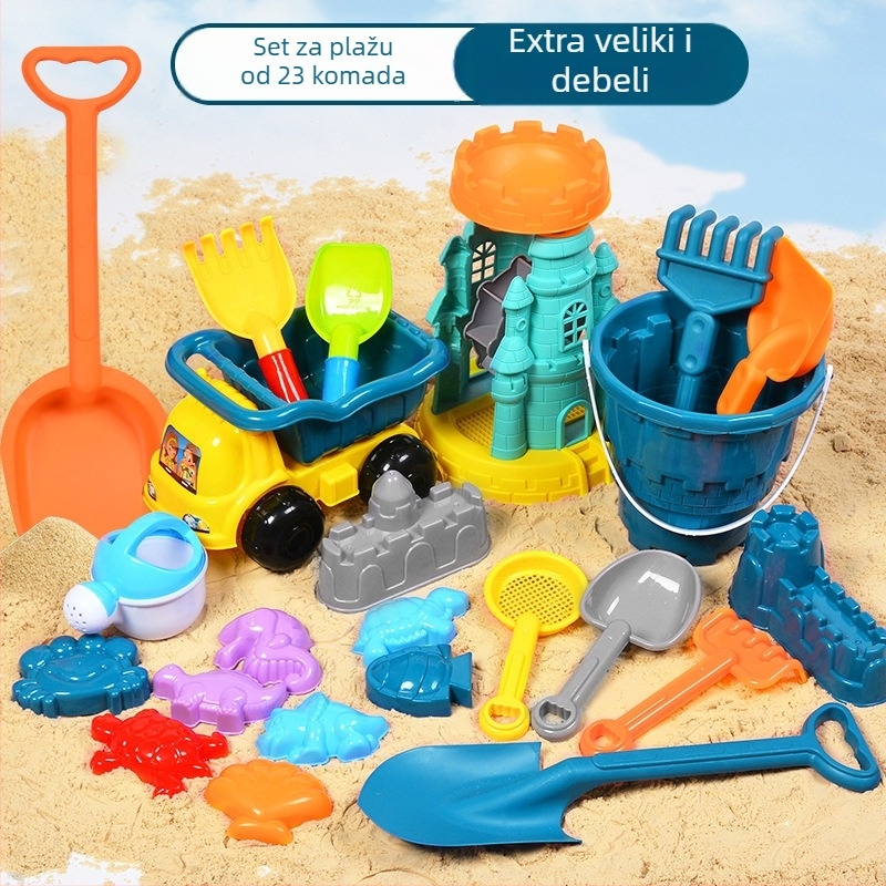 Set igračaka za plažu za djecu: plastični alati za pijesak, uključujući lopaticu i kantu; igranje pijeskom; pakiranje mrežastom vrećom; prikladno za uzrast 4–6 godina.