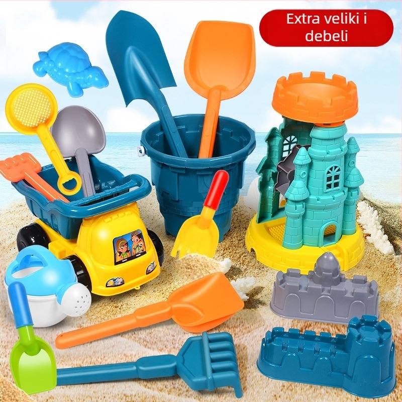Set igračaka za plažu za djecu: plastični alati za pijesak, uključujući lopaticu i kantu; igranje pijeskom; pakiranje mrežastom vrećom; prikladno za uzrast 4–6 godina.