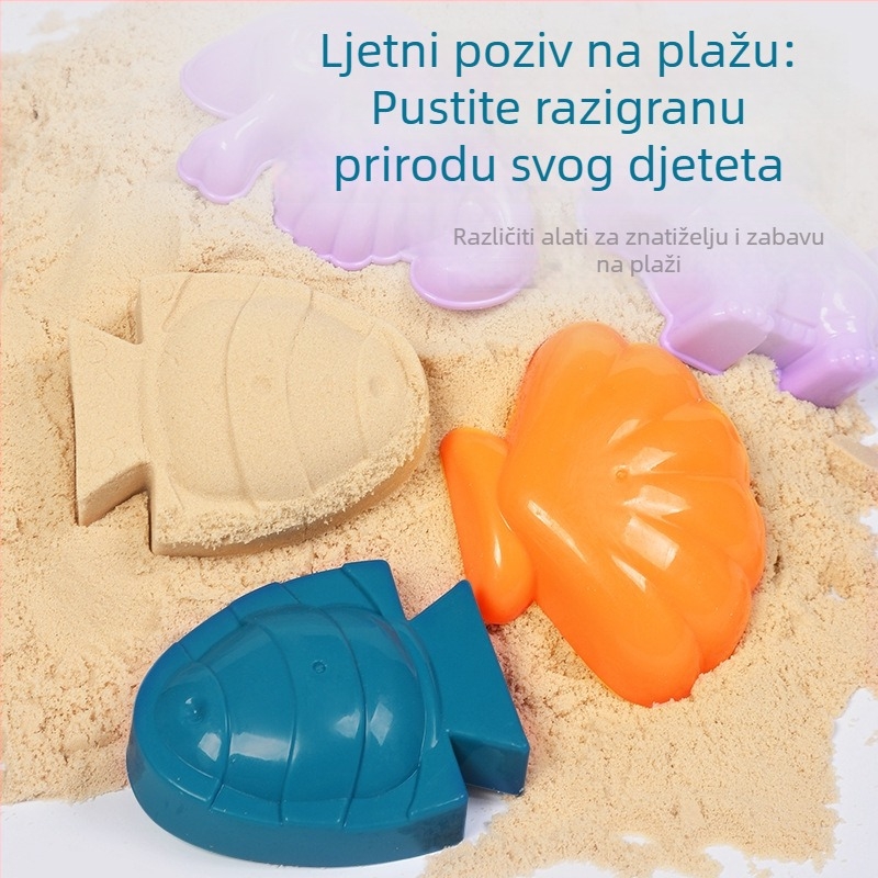 Set igračaka za plažu za djecu: plastični alati za pijesak, uključujući lopaticu i kantu; igranje pijeskom; pakiranje mrežastom vrećom; prikladno za uzrast 4–6 godina.