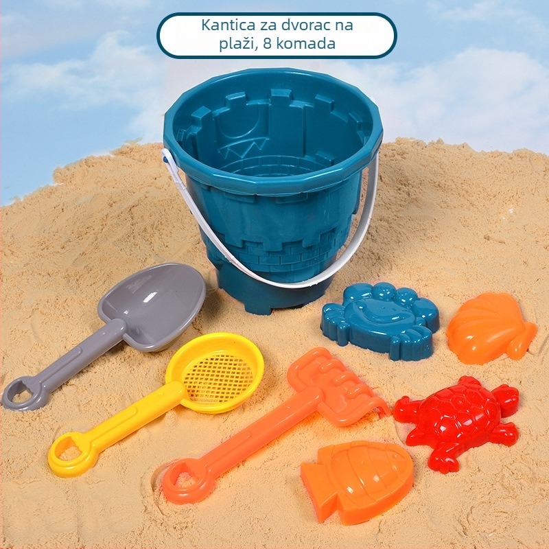 Set igračaka za plažu za djecu: plastični alati za pijesak, uključujući lopaticu i kantu; igranje pijeskom; pakiranje mrežastom vrećom; prikladno za uzrast 4–6 godina.