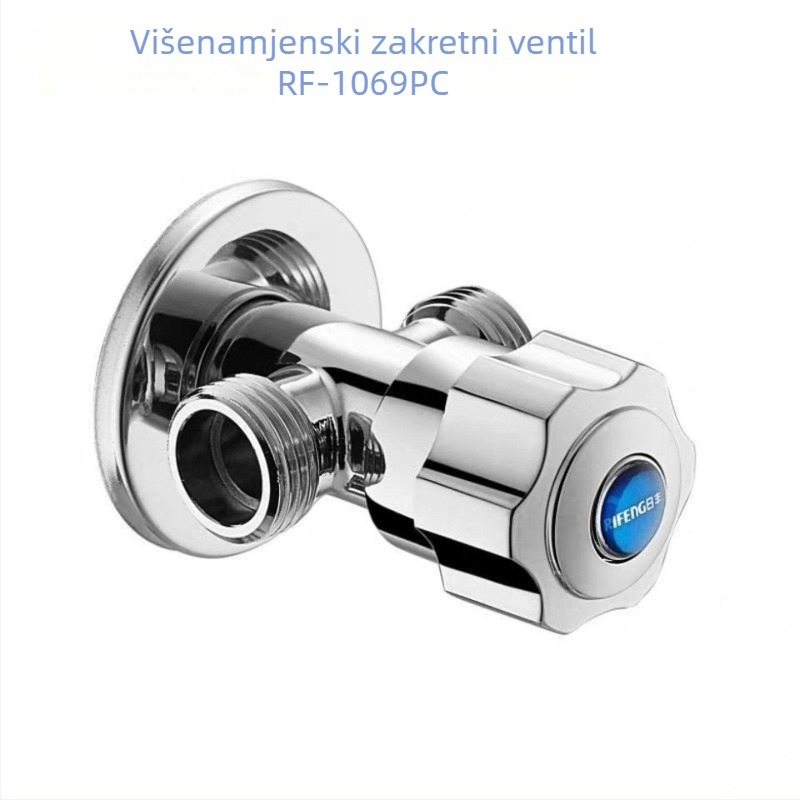 Bakarni trokutasti ventil s jednim ulazom i dva izlaza, višefunkcionalni, model 9011, promjer unutarnji 15 mm, ugradnja u zid, za umivaonik, kuhinju, WC, bojler i perilicu rublja