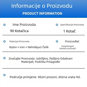Rolka za vrata i prozore, tip 90, od aluminijske legure, s kugličnim ležajem od nehrđajućeg čelika; konstrukcija Nylon+željezo+nehrđajući čelik; pogodna za krilne prozore, klizne prozore i vrata