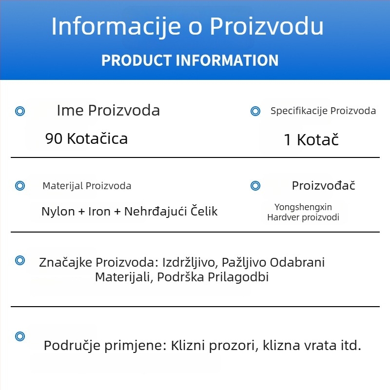 Rolka za vrata i prozore, tip 90, od aluminijske legure, s kugličnim ležajem od nehrđajućeg čelika; konstrukcija Nylon+željezo+nehrđajući čelik; pogodna za krilne prozore, klizne prozore i vrata