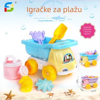 Plastični set plaznih igračaka za vodene igre — uključuje kantu za plažu, plažno auto i pješčani sat; pakiran u mrežnu torbu; pogodno za djecu od 4 do 6 godina.