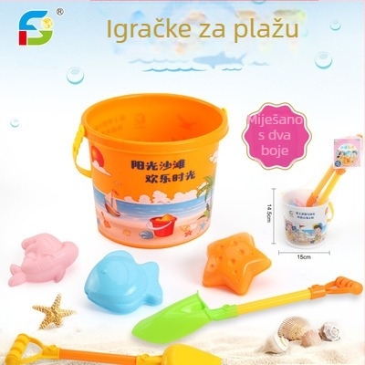 Plastični set plaznih igračaka za vodene igre — uključuje kantu za plažu, plažno auto i pješčani sat; pakiran u mrežnu torbu; pogodno za djecu od 4 do 6 godina.