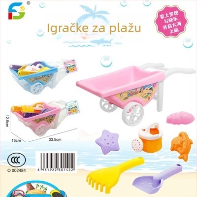 Plastični set plaznih igračaka za vodene igre — uključuje kantu za plažu, plažno auto i pješčani sat; pakiran u mrežnu torbu; pogodno za djecu od 4 do 6 godina.