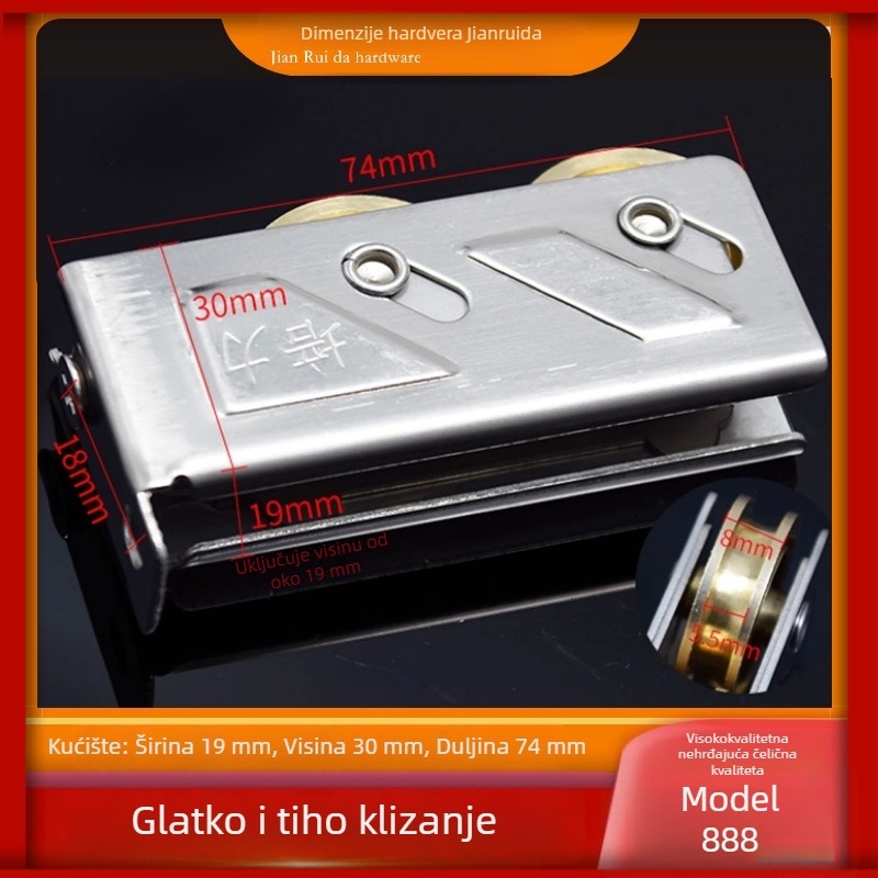 Kolut za klizna vrata s okvirom od nehrđajućeg čelika i bakrenim ležajnim kotačem; model 2078/2008/888; nosivost 50 kg; radijus utora za užad 5.5; namjena: vrata i prozori