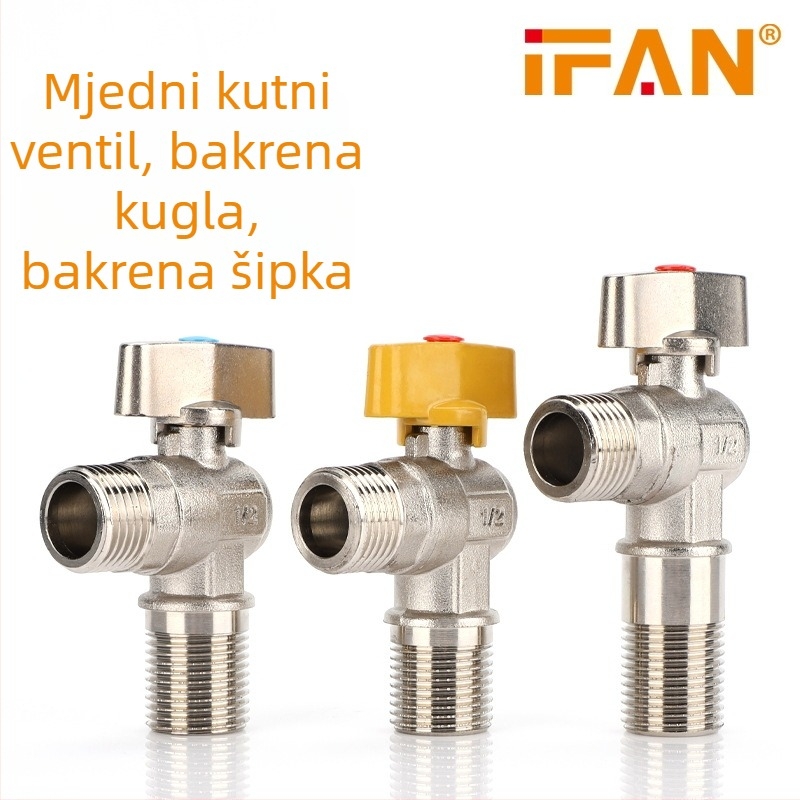 Bakarni kutni ventil s produljenim i ojačanom tijelu, navoj 1/2"–3/4", ventil za električni bojler, bakrena kugla i bakreni osovinski