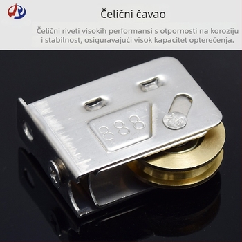 Rolna za vrata i prozore — nehrđajući čelični okvir, bakreni jezgrovni i nylon kotačić; model 2078/2008/888; promjer žljeba za užad 5,5; nosivost 38 kg; debljina zida 1,0