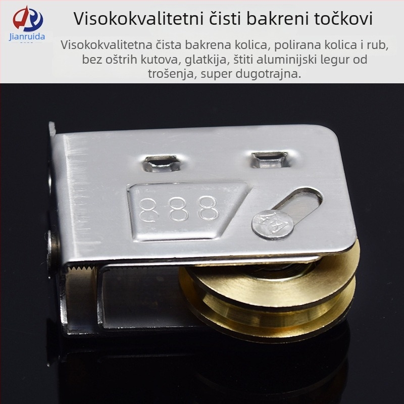 Rolna za vrata i prozore — nehrđajući čelični okvir, bakreni jezgrovni i nylon kotačić; model 2078/2008/888; promjer žljeba za užad 5,5; nosivost 38 kg; debljina zida 1,0