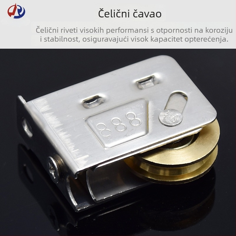 Rolna za vrata i prozore — nehrđajući čelični okvir, bakreni jezgrovni i nylon kotačić; model 2078/2008/888; promjer žljeba za užad 5,5; nosivost 38 kg; debljina zida 1,0