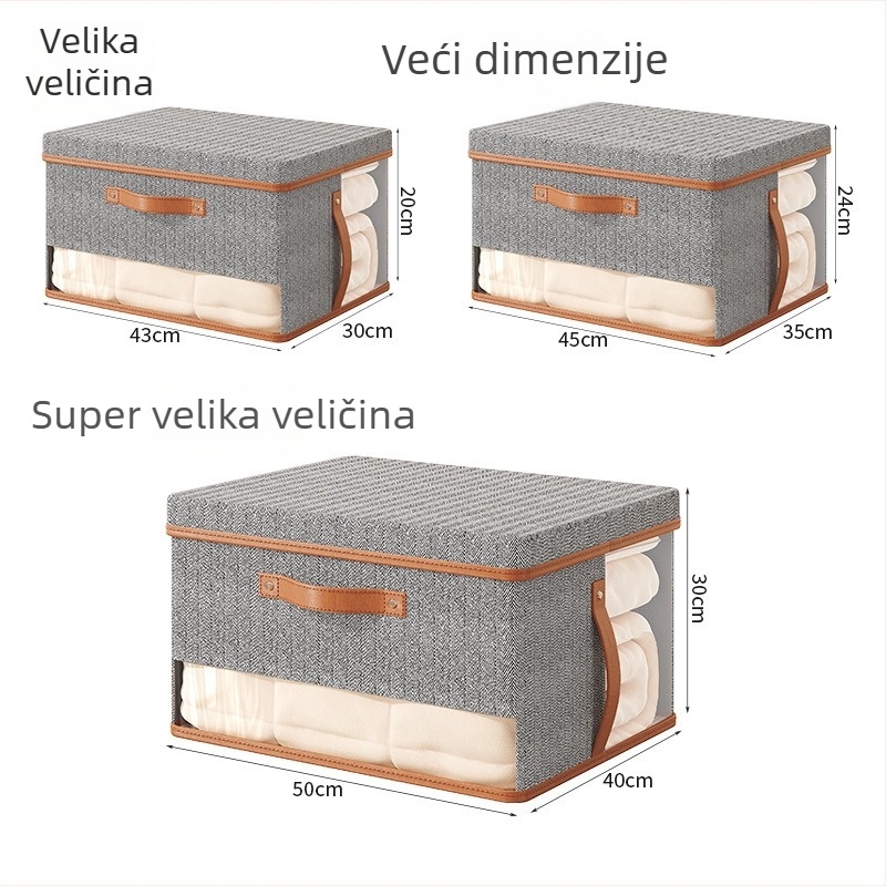 Kutija za pohranu od netkanog materijala sa sivim motivom strelice, s dvostrukim prozorom i poklopcem, prozirna kutija za odlaganje s poklopcem, 50 L, 50×40×30 cm, organizator za odjeću i igračke