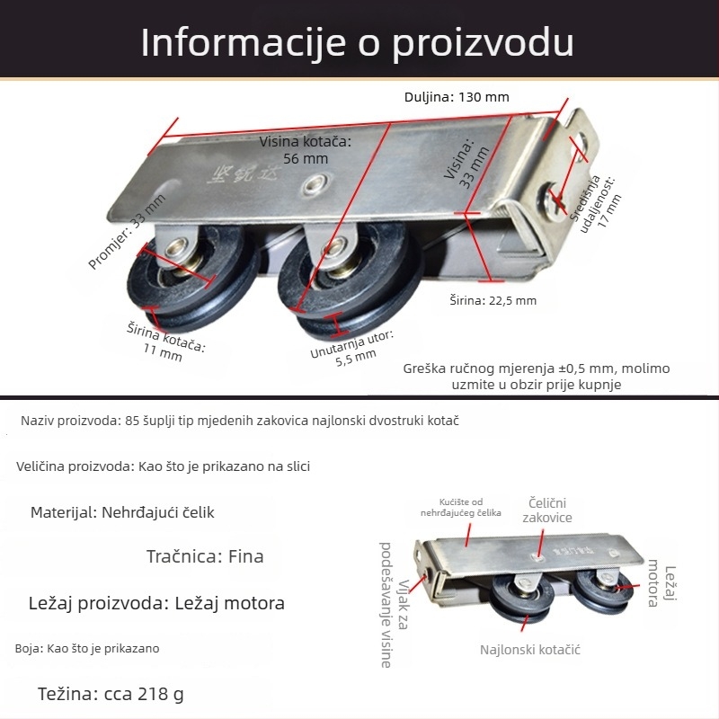 Aluminijski prozorski roller tipa 85 s držačem od nehrđajućeg čelika, tih ležaj, dugi šuplji osovinski, dvostruki kotač za klizna vrata
