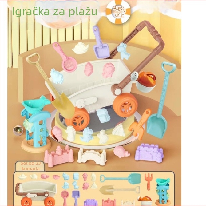 Dječji set plažnih igračaka s alatima za pijesak i vodu, uključuje kante i lopatice, za uzrast 4–6 godina, pakiran u mrežastu torbu.