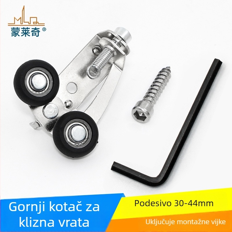 Monledge Prilagodljivi gornji kotač za klizna vrata ormara – niklano nylon kotač, model Srednje prilagodljivo gornje kolu, osovina 5 mm, radijus žljeba za užad 5 mm, raspon ugradnje 30–42 mm