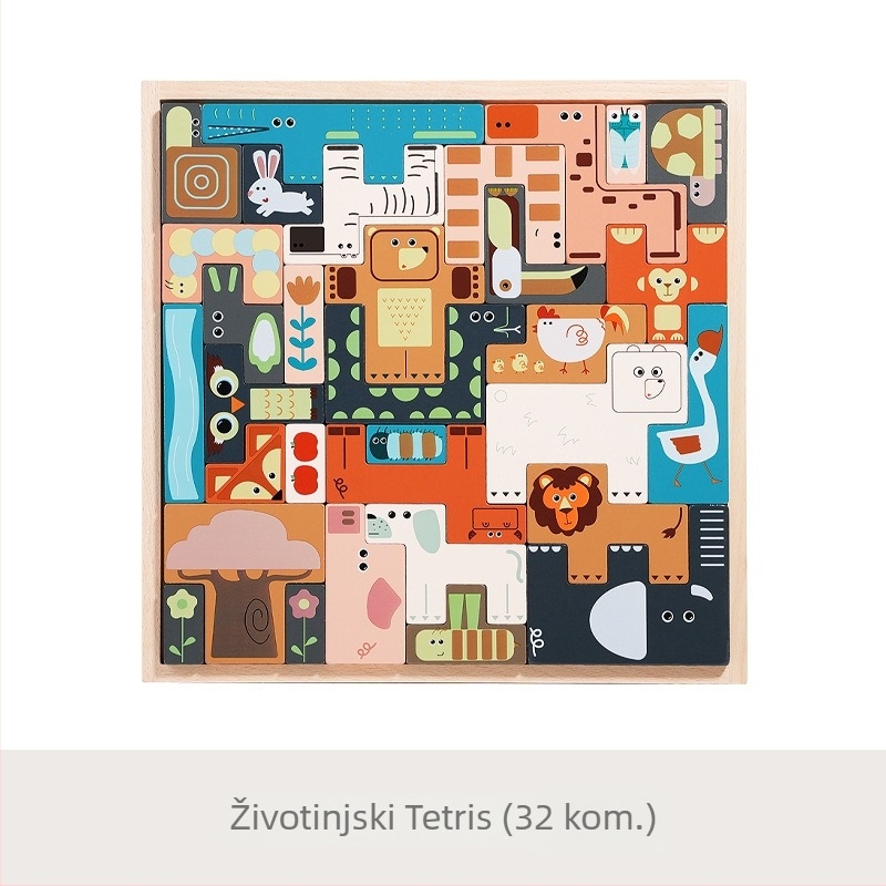 Drveni 3D puzzle s životinjama za djecu 4–6 godina, prilagođeno nacrtima (Materijal: drvo; Funkcija: puzzle; Kategorija: 3D puzzle; Dobna skupina: 4–6 godina)