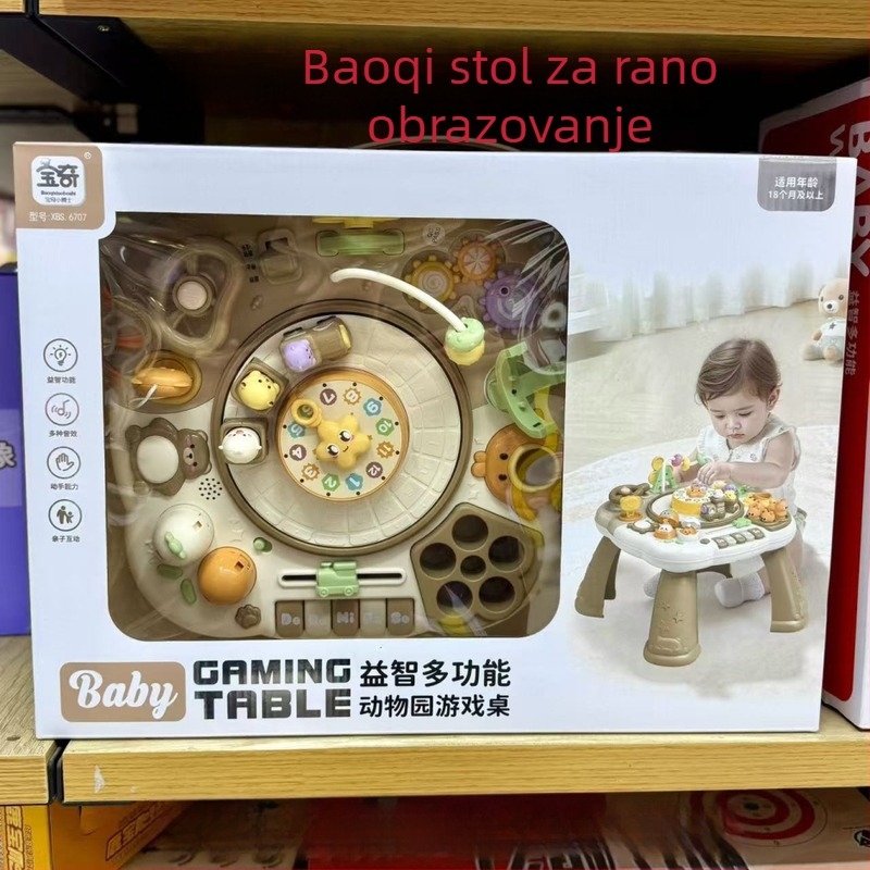 Rani obrazovni stol za bebe i malu djecu: višestruka edukativna igračka s glazbom/glasom, baterijsko napajanje, plastičan stol, uzrast 0–3 godine