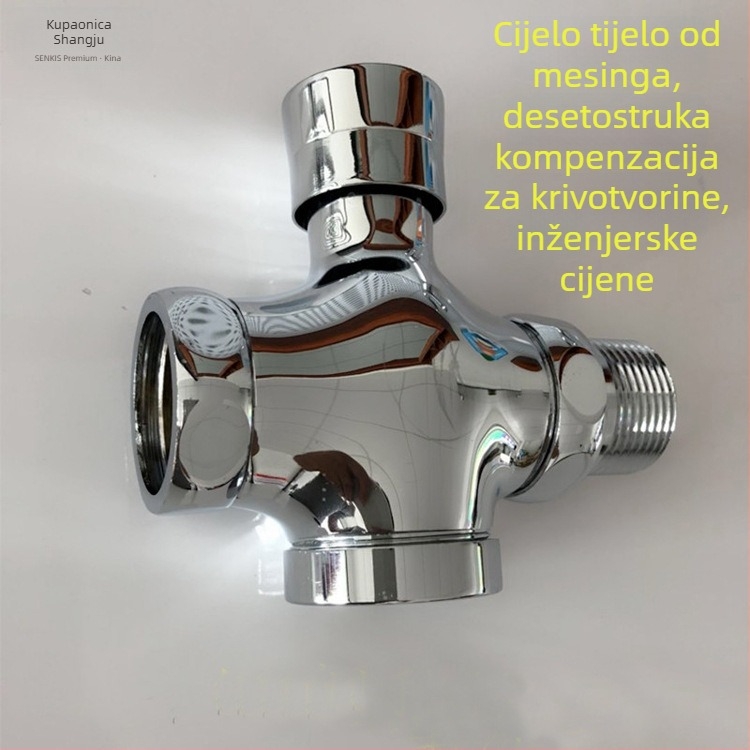 Ventil za ispiranje javnih WC-a – bakreni, ručno pritiskanje s produženjem, model S20011, trokutasti ventil s automatskim zatvaranjem, izlaz 6, vrijeme ispiranja 5 s