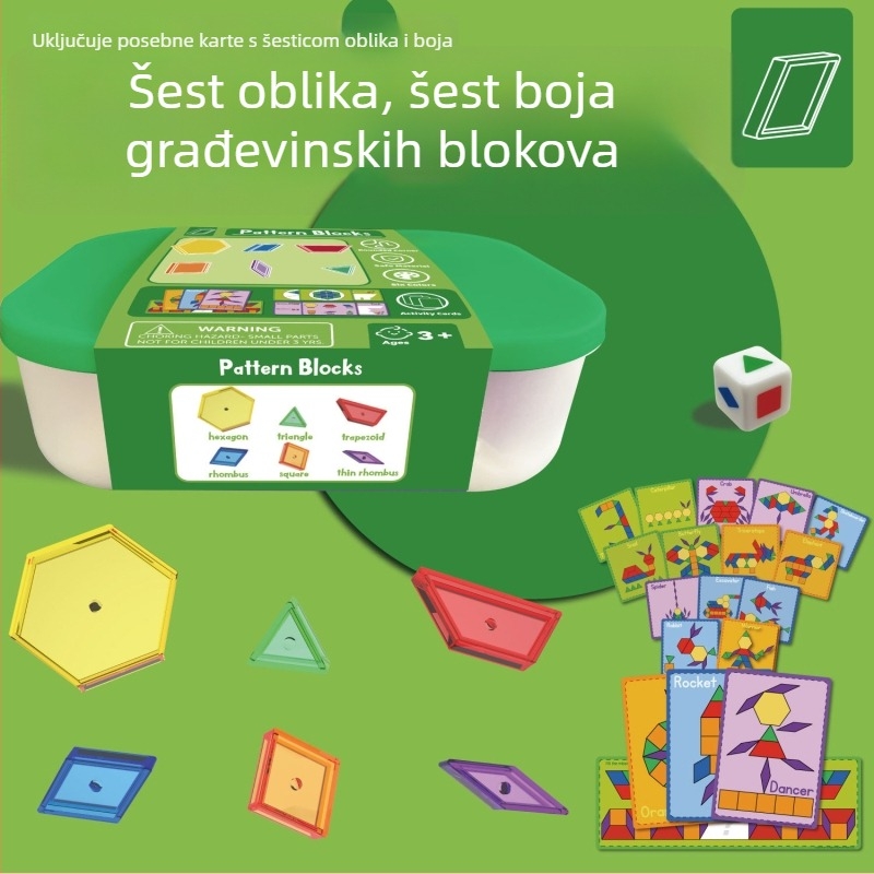 Prozirni šesterokutni ravni puzzle za rano obrazovanje, plastika, uzrast 4–6 godina, s karticama s temom i kockicama