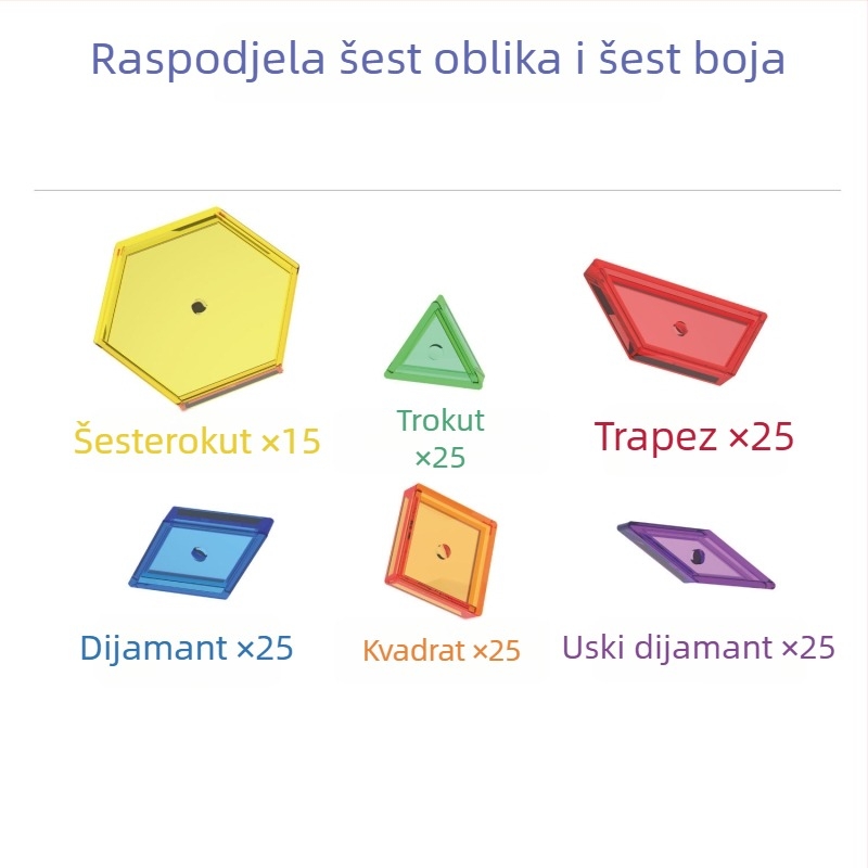 Prozirni šesterokutni ravni puzzle za rano obrazovanje, plastika, uzrast 4–6 godina, s karticama s temom i kockicama