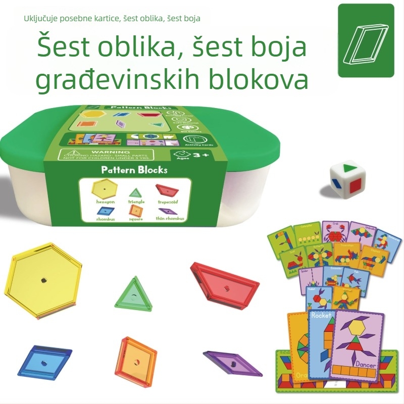 Prozirni šesterokutni ravni puzzle za rano obrazovanje, plastika, uzrast 4–6 godina, s karticama s temom i kockicama