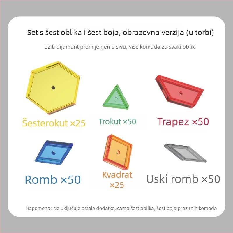 Prozirni šesterokutni ravni puzzle za rano obrazovanje, plastika, uzrast 4–6 godina, s karticama s temom i kockicama