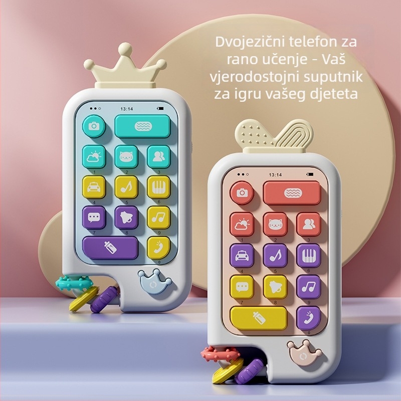 Dvojezična dječja obrazovna glazbena telefonska igračka, plastična, svjetleći dijelovi i zvuk, napajanje običnim suhim baterijama, dob 0-3 godine