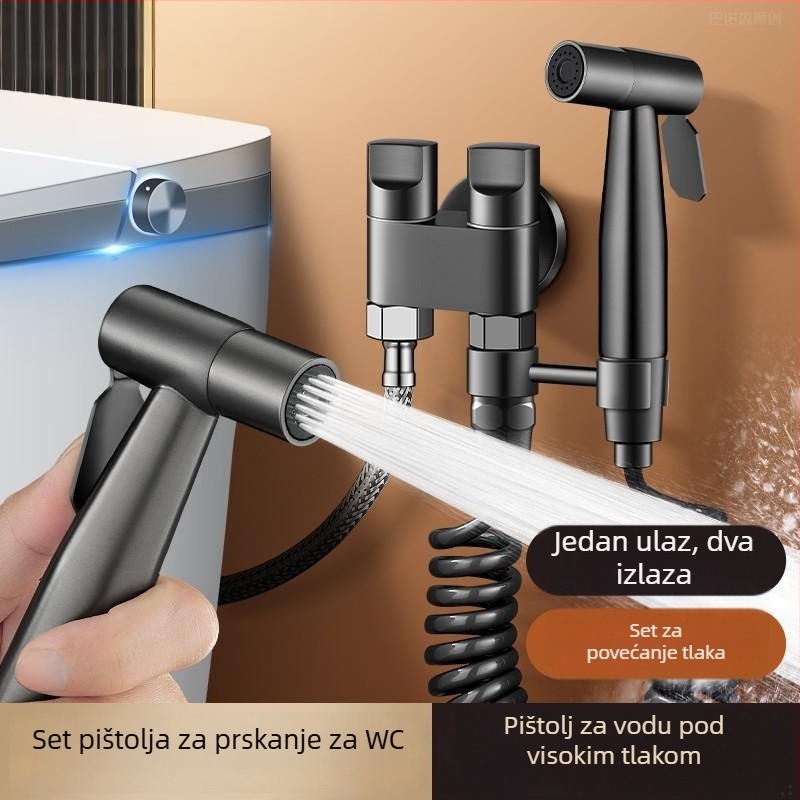Set tuš-pištolj za WC s jednim ulazom i dva izlaza, pojačani dvostruki kontrolni kutni ventil, za kupaonicu