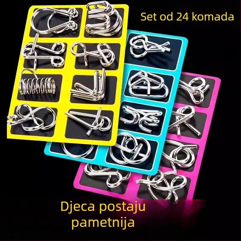 Puzzle s devet povezanih metalnih prstena od nehrđajućeg čelika — Luban/Kongming Lock edukativna igra, 24 komada, DIY otključavanje za djecu 4–6 godina