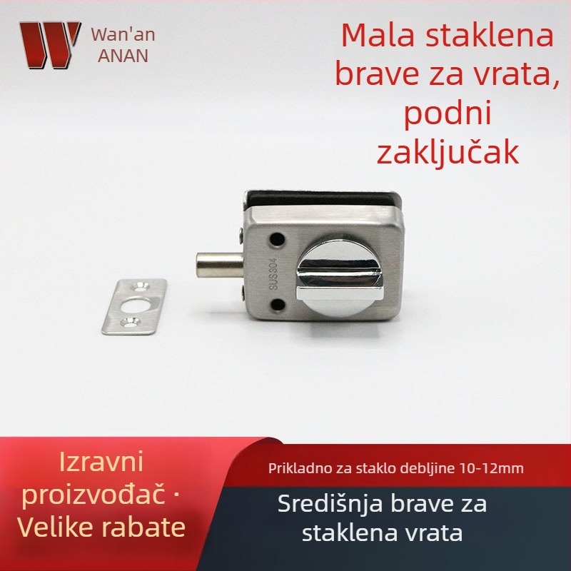 Podno zaključavanje za staklena vrata bez okvira – teški mehanizam zaključavanja, materijal: 304 nehrđajući čelik, završna obrada žično rezana, kompatibilno s jednostrukim bezokvirnim vratima.
