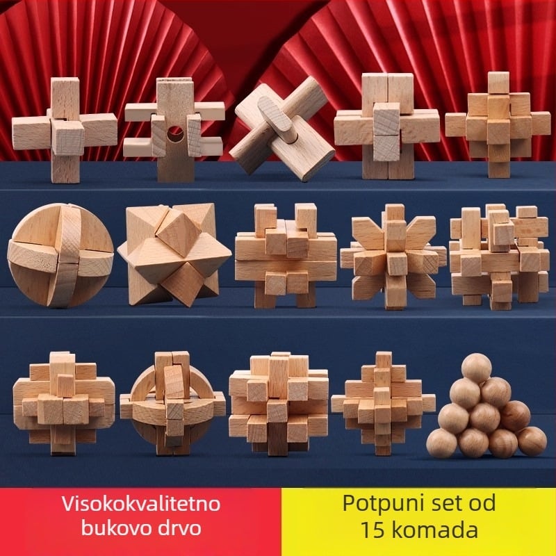 Drveni Kongming Lock / Luban Lock – slagalica i trening mozga, za uzrast 7–14 godina, u šarenoj kutiji