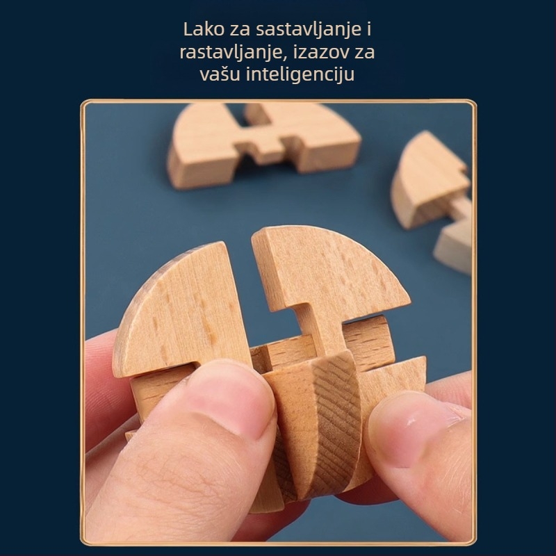 Drveni Kongming Lock / Luban Lock – slagalica i trening mozga, za uzrast 7–14 godina, u šarenoj kutiji