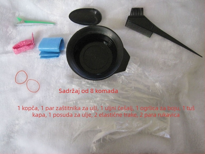 Jednokratni set alata za bojenje kose, 8 dijelova, uključuje posudu za bojanje, češalj za bojanje i zaštitnike za uši
